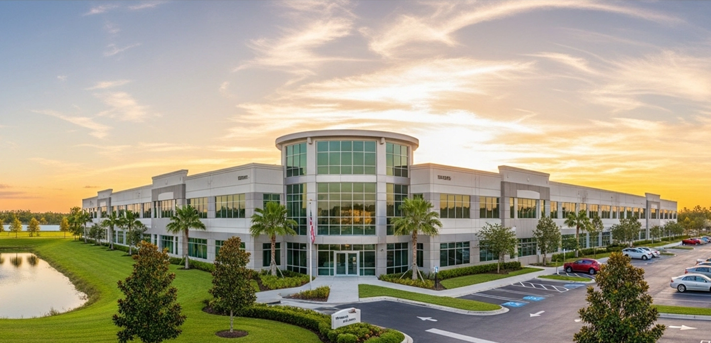 Hero image of a modern commercial building exterior, symbolizing personalized commercial property insurance.